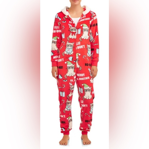 Grumpy Cat Other - Grumpy Cat Hooded Union Suit Pajamas Women’s L Christmas Cozy Zip One-Piece
